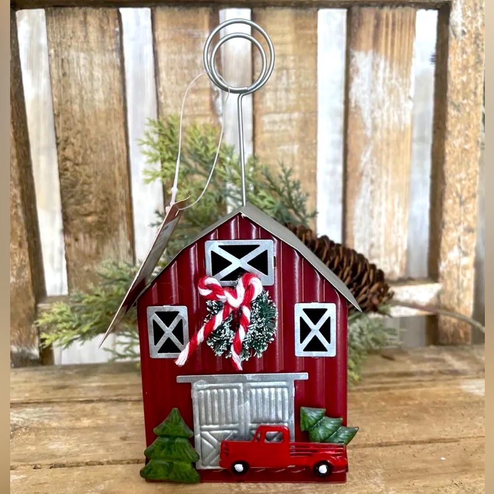 Farmhouse Christmas Barn & Truck Photo Holder NWT!